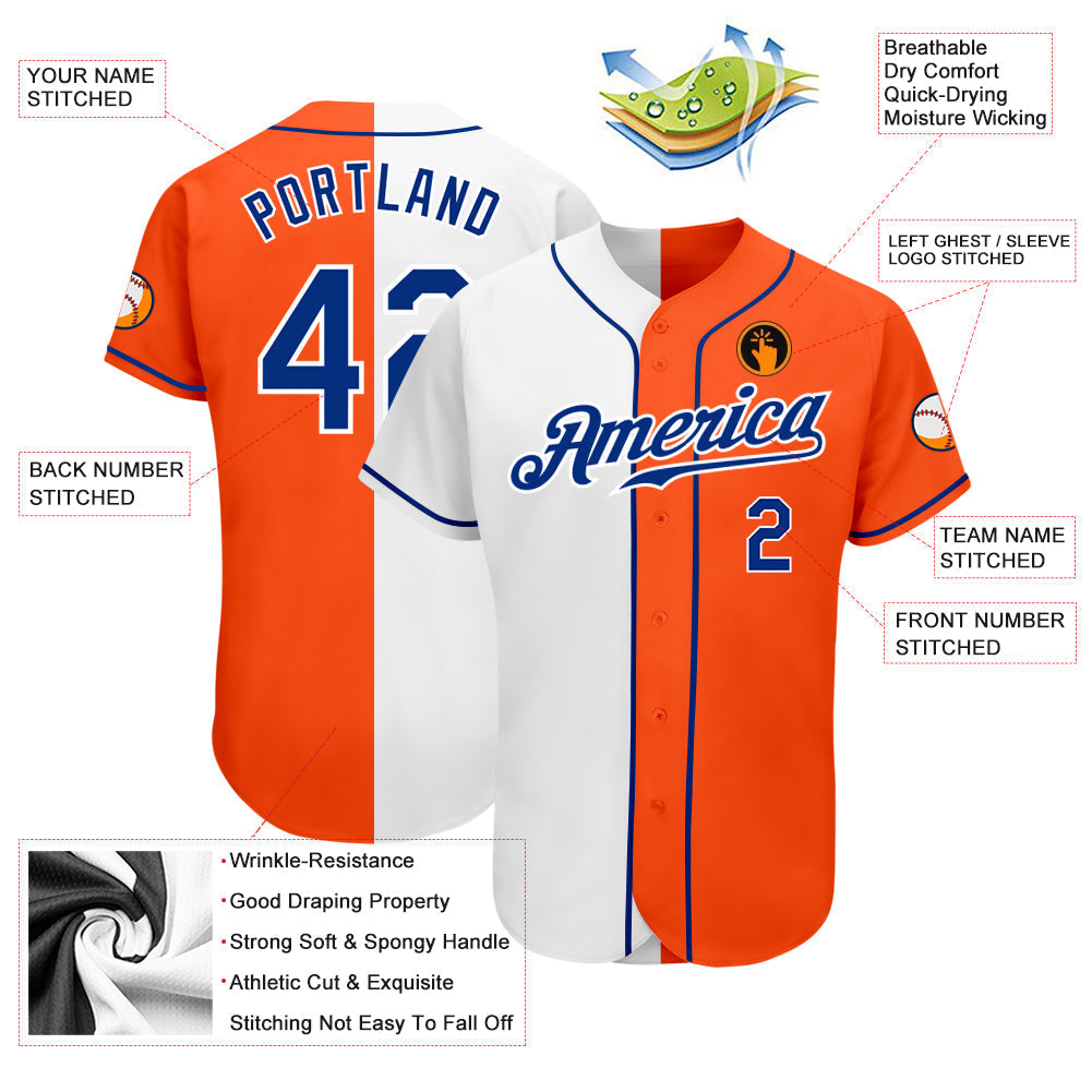 Custom Orange Royal-White Authentic Split Fashion Baseball Jersey baseball jersey product view 3