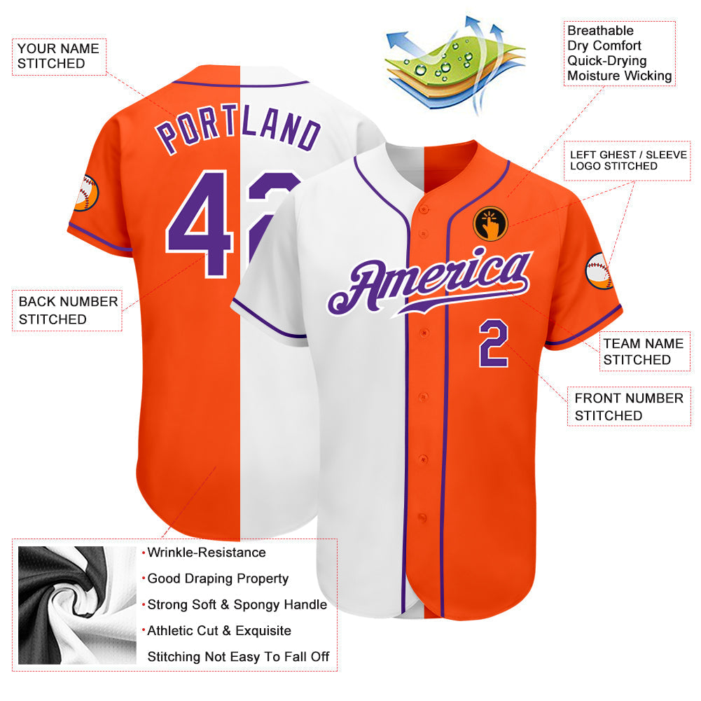 Custom Orange Purple-White Authentic Split Fashion Baseball Jersey baseball jersey product view 4