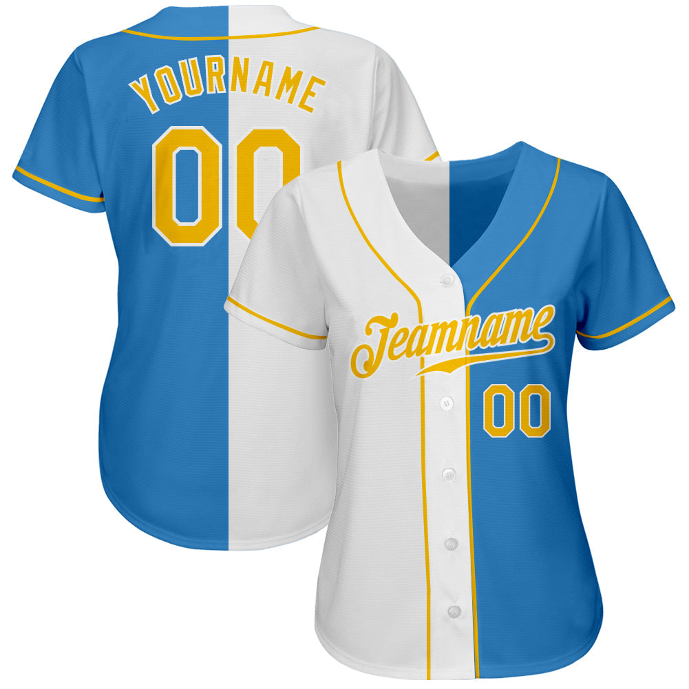 Custom Powder Blue Gold-White Authentic Split Fashion Baseball Jersey baseball jersey product view 2