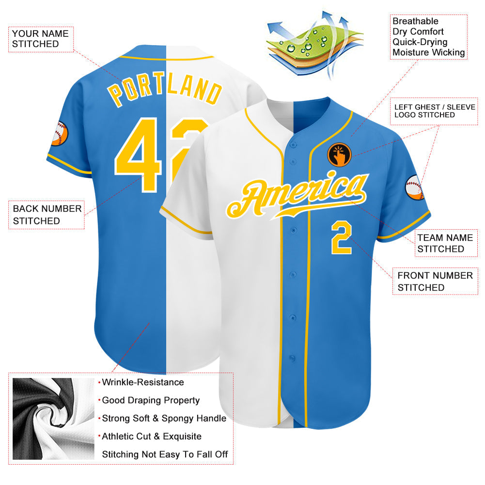 Custom Powder Blue Gold-White Authentic Split Fashion Baseball Jersey baseball jersey product view 3
