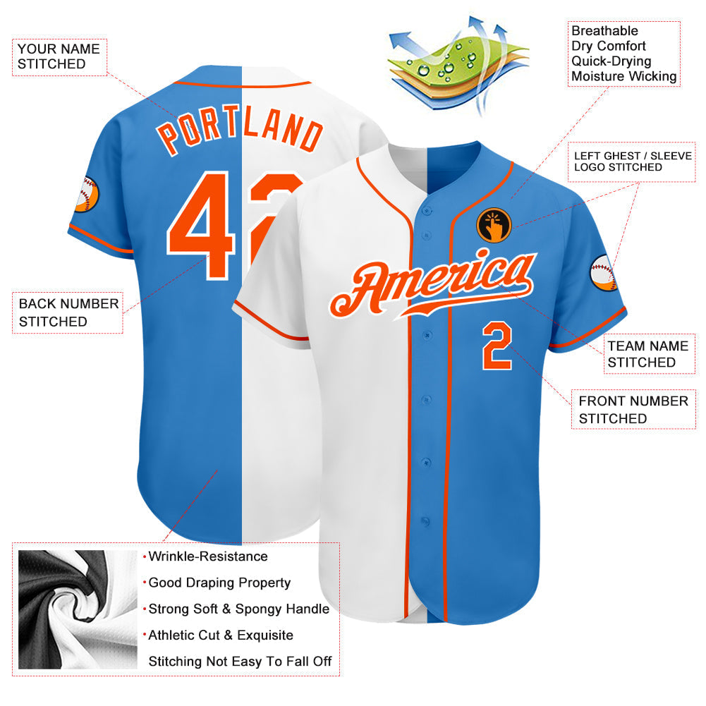 Custom Powder Blue Orange-White Authentic Split Fashion Baseball Jersey baseball jersey product view 3