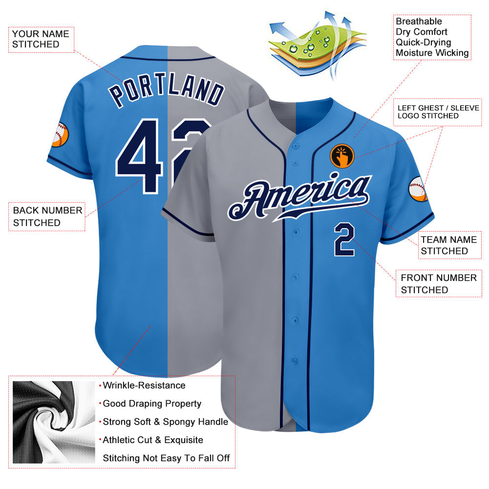 Custom Powder Blue Navy-Gray Authentic Split Fashion Baseball Jersey baseball jersey product view 3