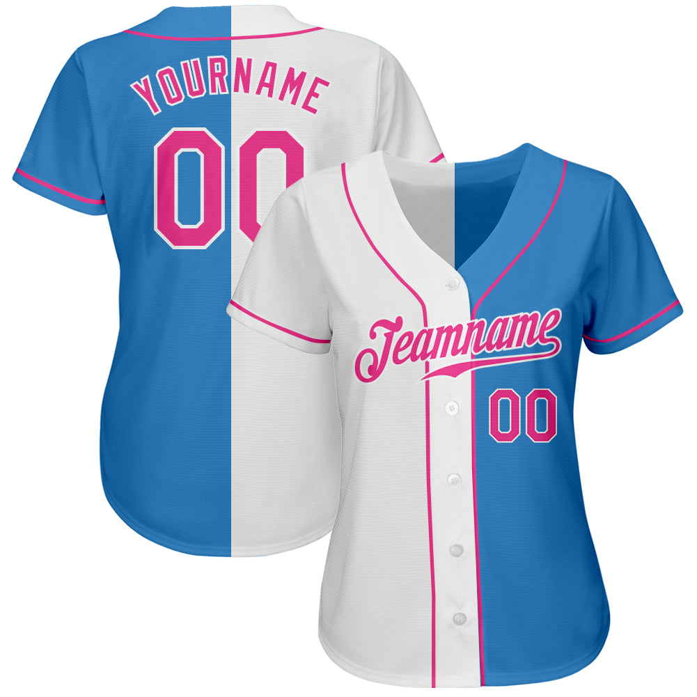 Custom Powder Blue Pink-White Authentic Split Fashion Baseball Jersey baseball jersey product view 2