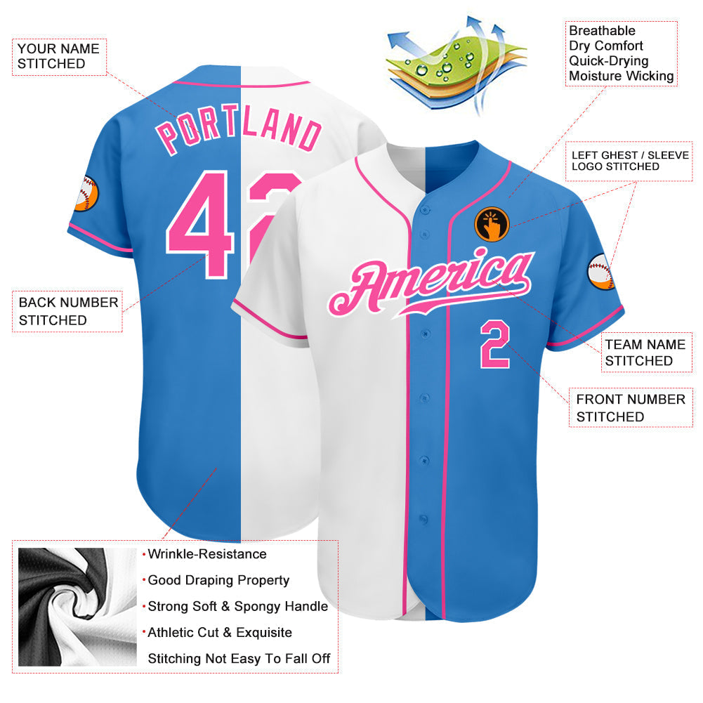 Custom Powder Blue Pink-White Authentic Split Fashion Baseball Jersey baseball jersey product view 3