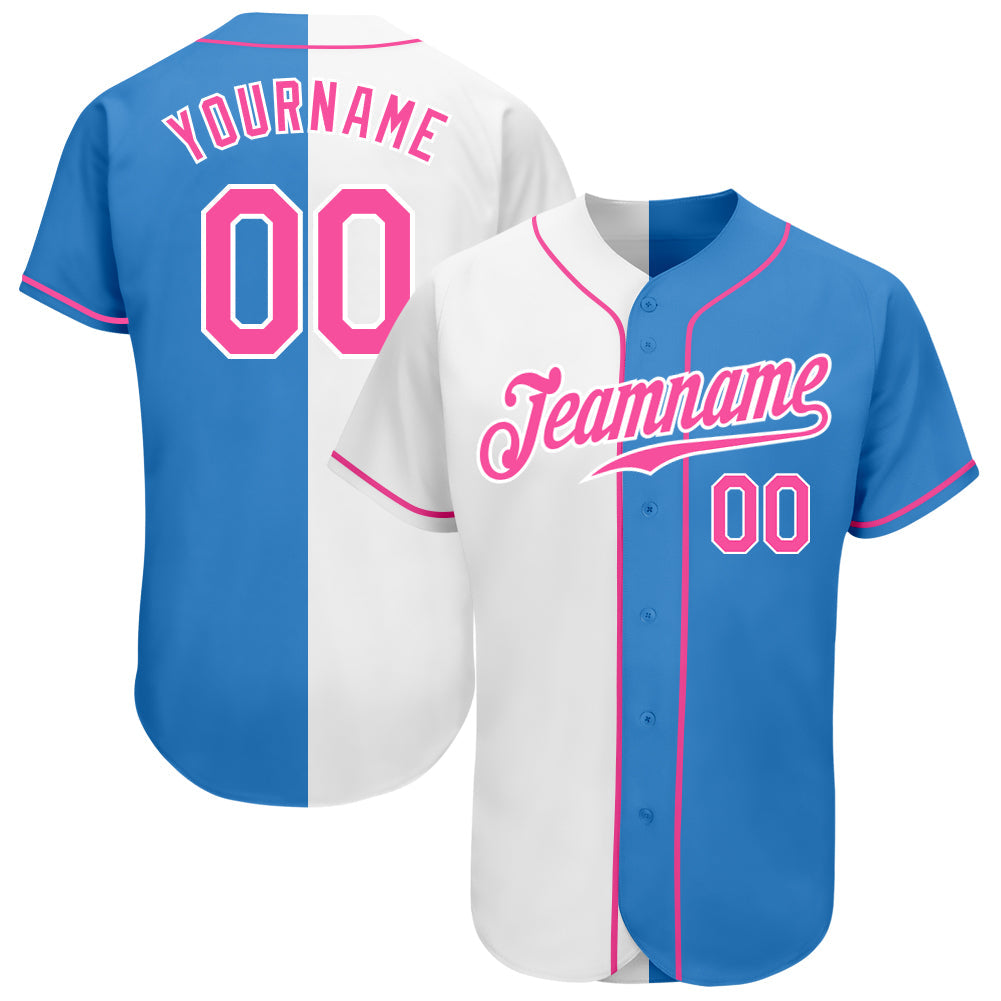 Custom Powder Blue Pink-White Authentic Split Fashion Baseball Jersey baseball jersey product view 1