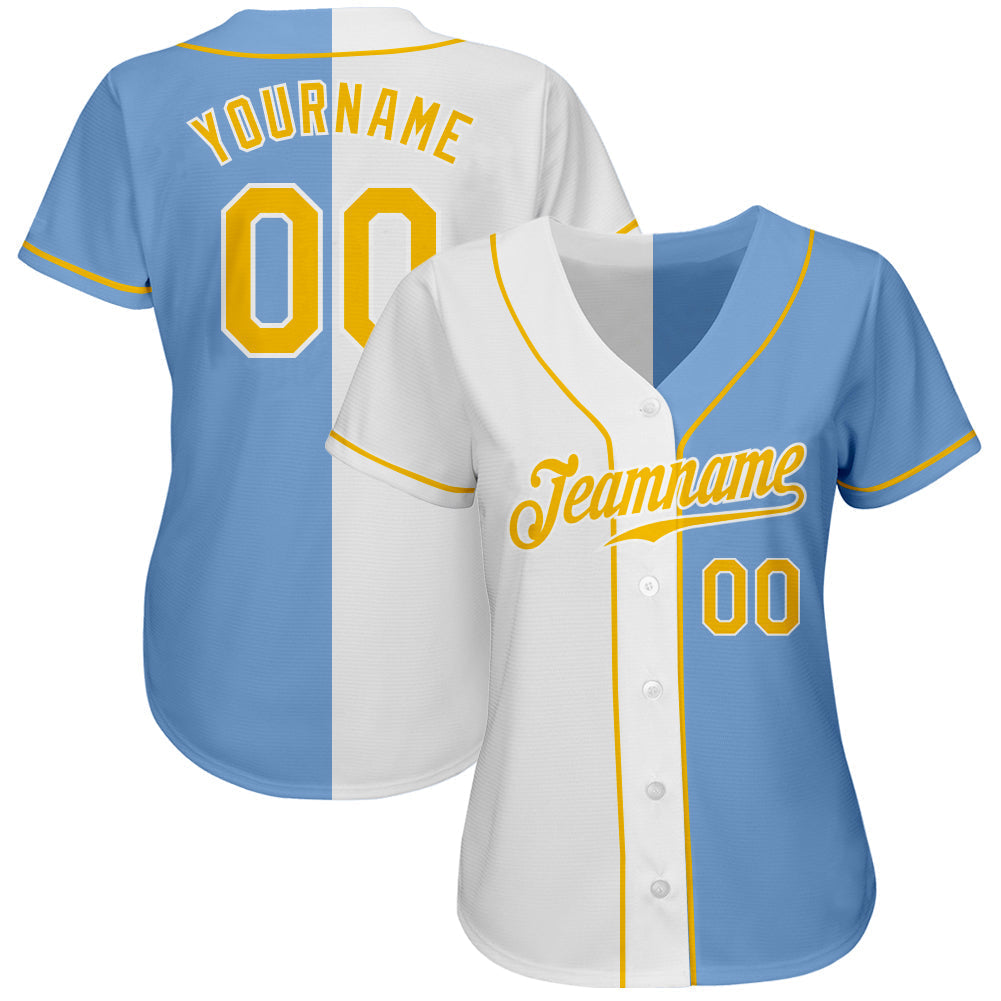 Custom Light Blue Gold-White Authentic Split Fashion Baseball Jersey baseball jersey product view 2