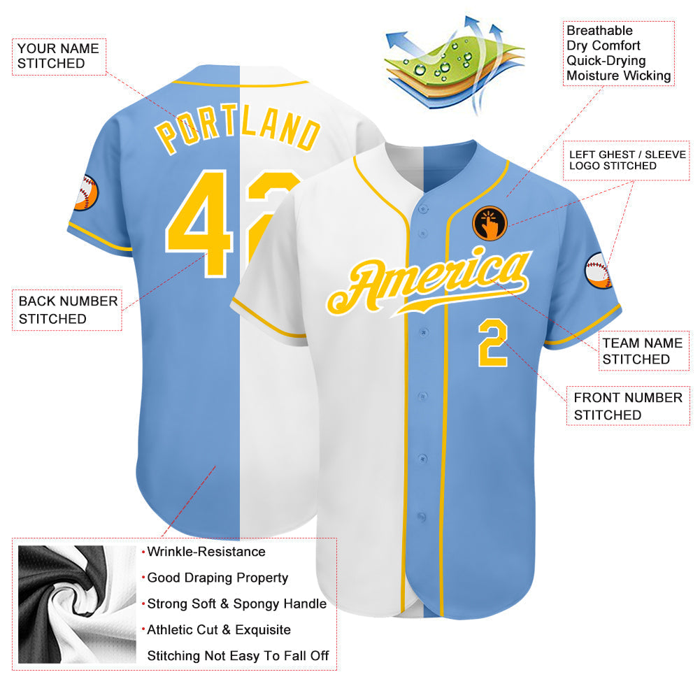 Custom Light Blue Gold-White Authentic Split Fashion Baseball Jersey baseball jersey product view 3