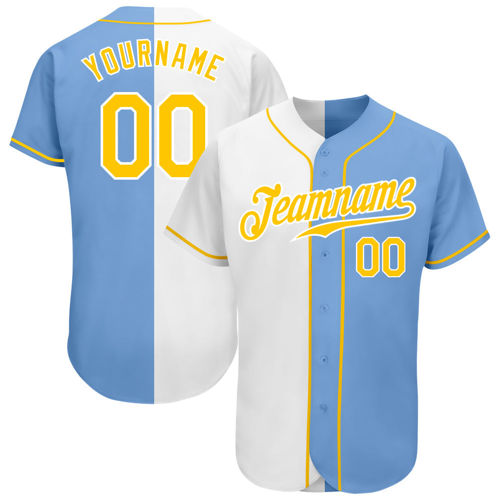 Custom Light Blue Gold-White Authentic Split Fashion Baseball Jersey baseball jersey product view 1