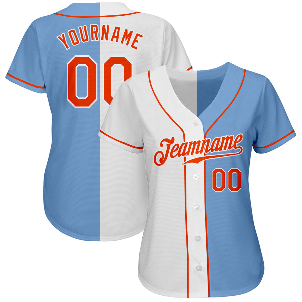 Custom Light Blue Orange-White Authentic Split Fashion Baseball Jersey baseball jersey product view 2