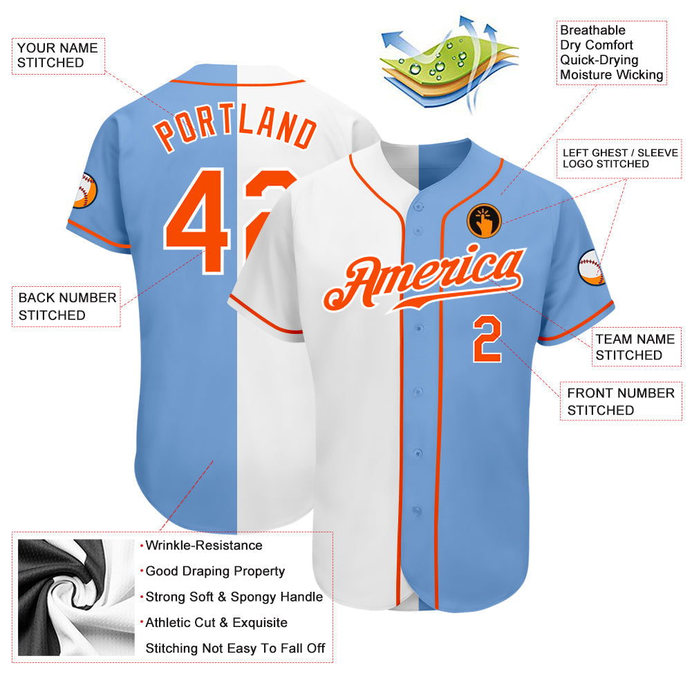 Custom Light Blue Orange-White Authentic Split Fashion Baseball Jersey baseball jersey product view 3