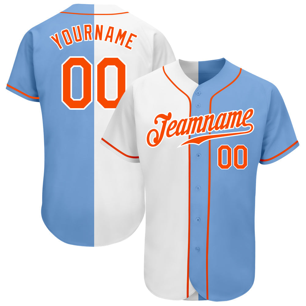 Custom Light Blue Orange-White Authentic Split Fashion Baseball Jersey baseball jersey product view 1