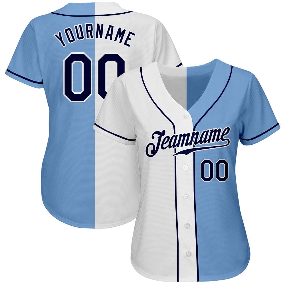 Custom Light Blue Navy-White Authentic Split Fashion Baseball Jersey baseball jersey product view 2