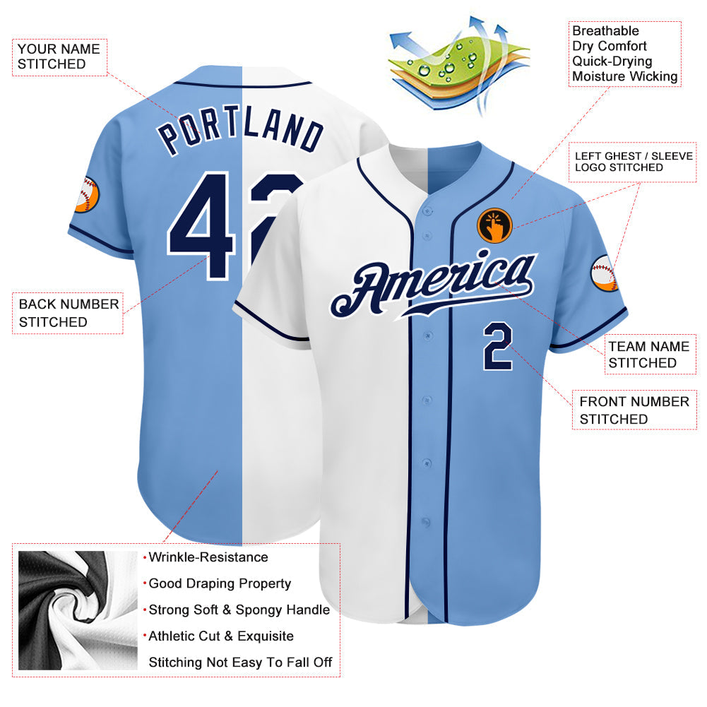 Custom Light Blue Navy-White Authentic Split Fashion Baseball Jersey baseball jersey product view 3