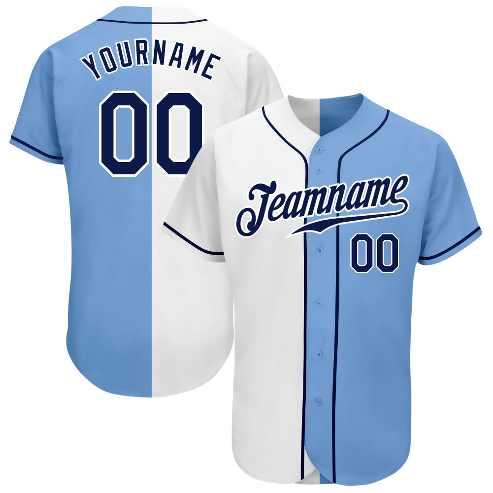 Custom Light Blue Navy-White Authentic Split Fashion Baseball Jersey baseball jersey product view 1