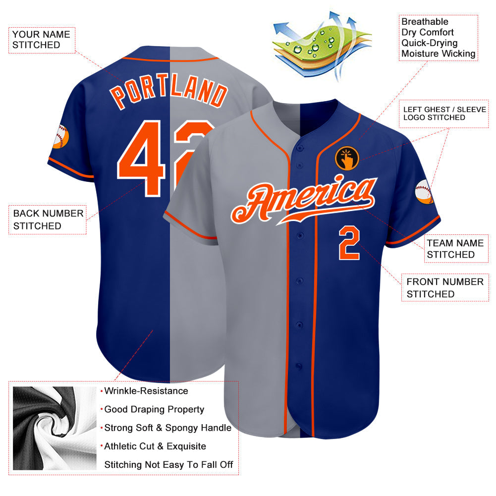 Custom Royal Orange-Gray Authentic Split Fashion Baseball Jersey baseball jersey product view 3