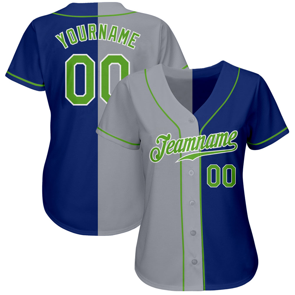 Custom Royal Neon Green-Gray Authentic Split Fashion Baseball Jersey baseball jersey product view 2