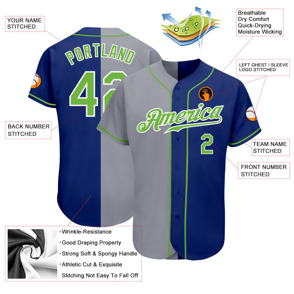 Custom Royal Neon Green-Gray Authentic Split Fashion Baseball Jersey baseball jersey product view 3
