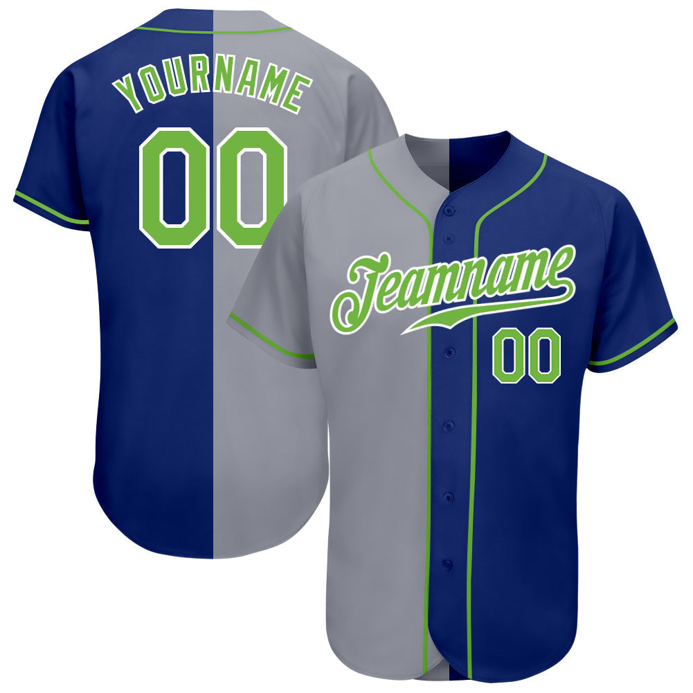 Custom Royal Neon Green-Gray Authentic Split Fashion Baseball Jersey baseball jersey product view 1