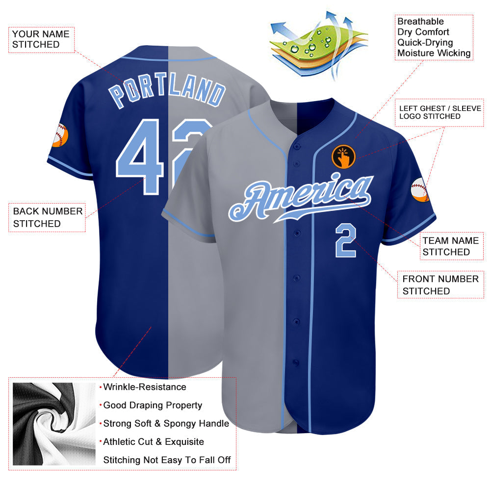 Custom Royal Light Blue-Gray Authentic Split Fashion Baseball Jersey baseball jersey product view 3