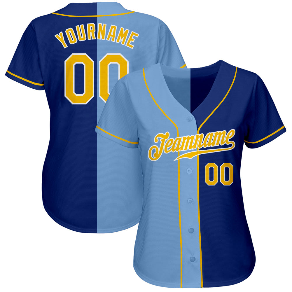 Custom Royal Gold-Light Blue Authentic Split Fashion Baseball Jersey baseball jersey product view 2
