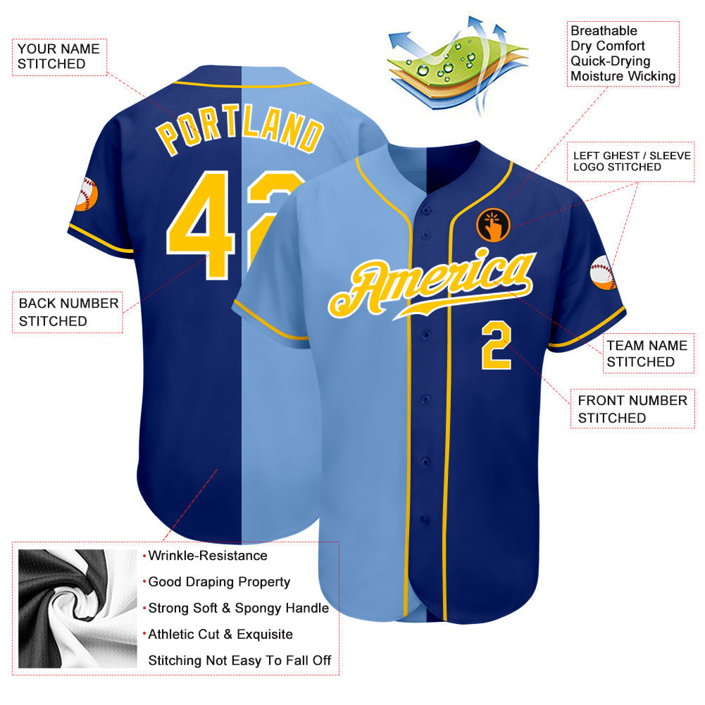 Custom Royal Gold-Light Blue Authentic Split Fashion Baseball Jersey baseball jersey product view 3