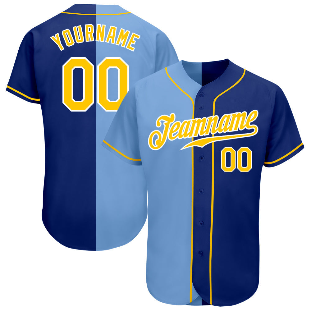 Custom Royal Gold-Light Blue Authentic Split Fashion Baseball Jersey baseball jersey product view 1