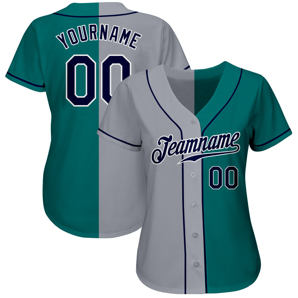 Custom Teal Navy-Gray Authentic Split Fashion Baseball Jersey baseball jersey product view 2