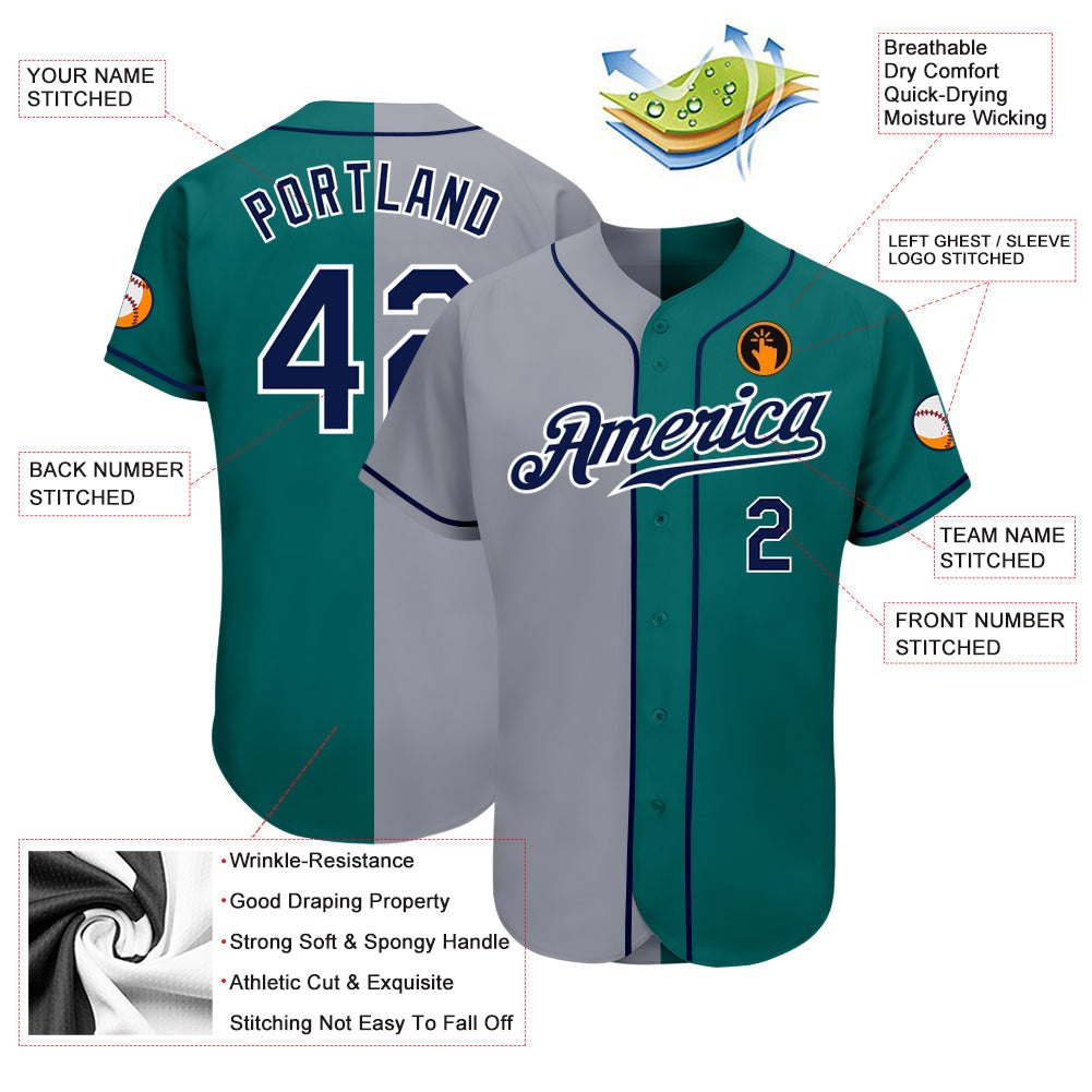 Custom Teal Navy-Gray Authentic Split Fashion Baseball Jersey baseball jersey product view 3