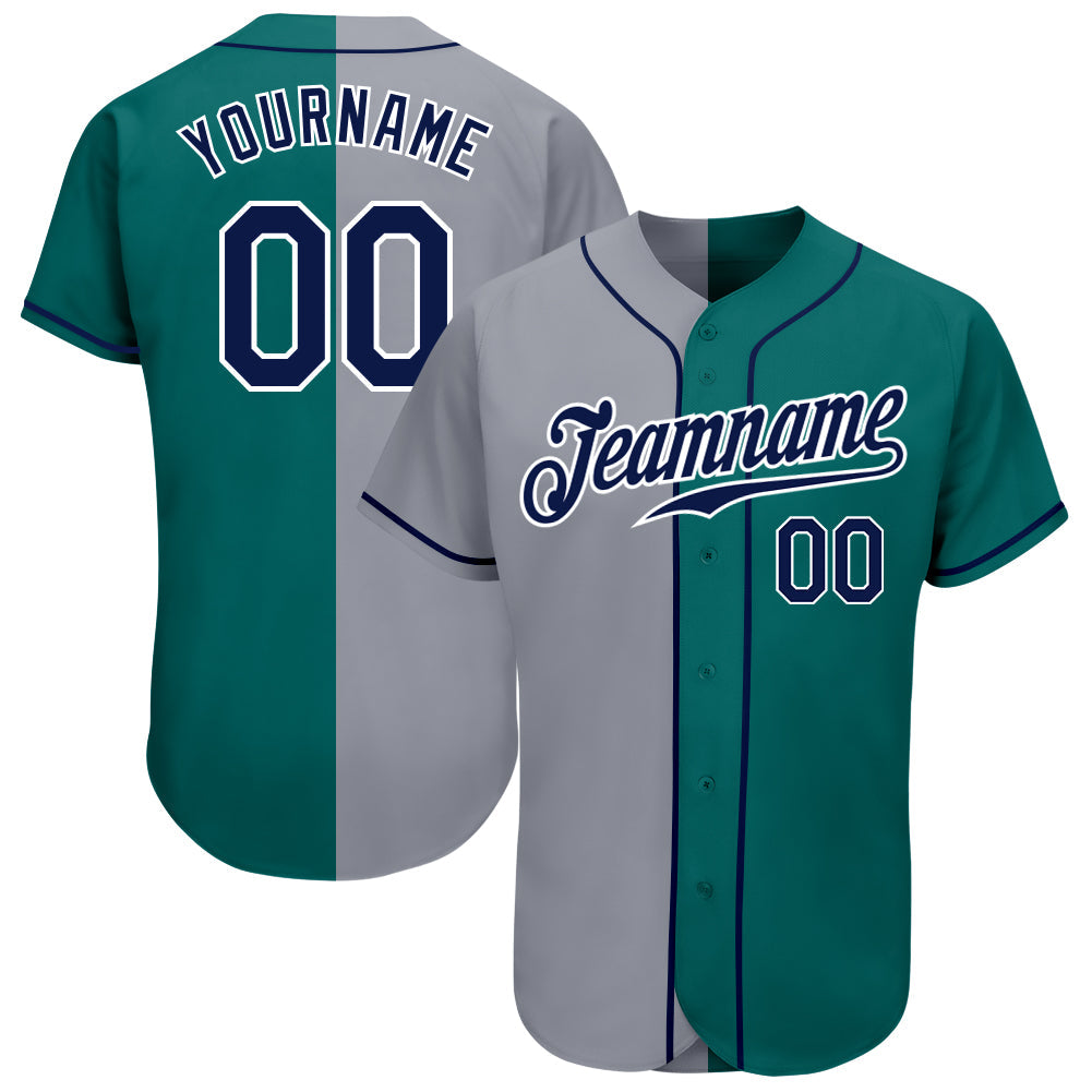 Custom Teal Navy-Gray Authentic Split Fashion Baseball Jersey baseball jersey product view 1