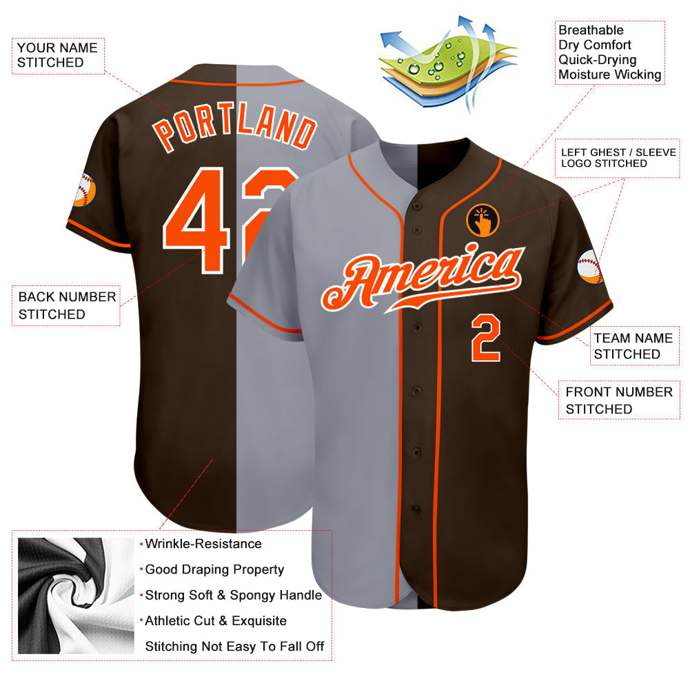 Custom Brown Orange-Gray Authentic Split Fashion Baseball Jersey baseball jersey product view 3