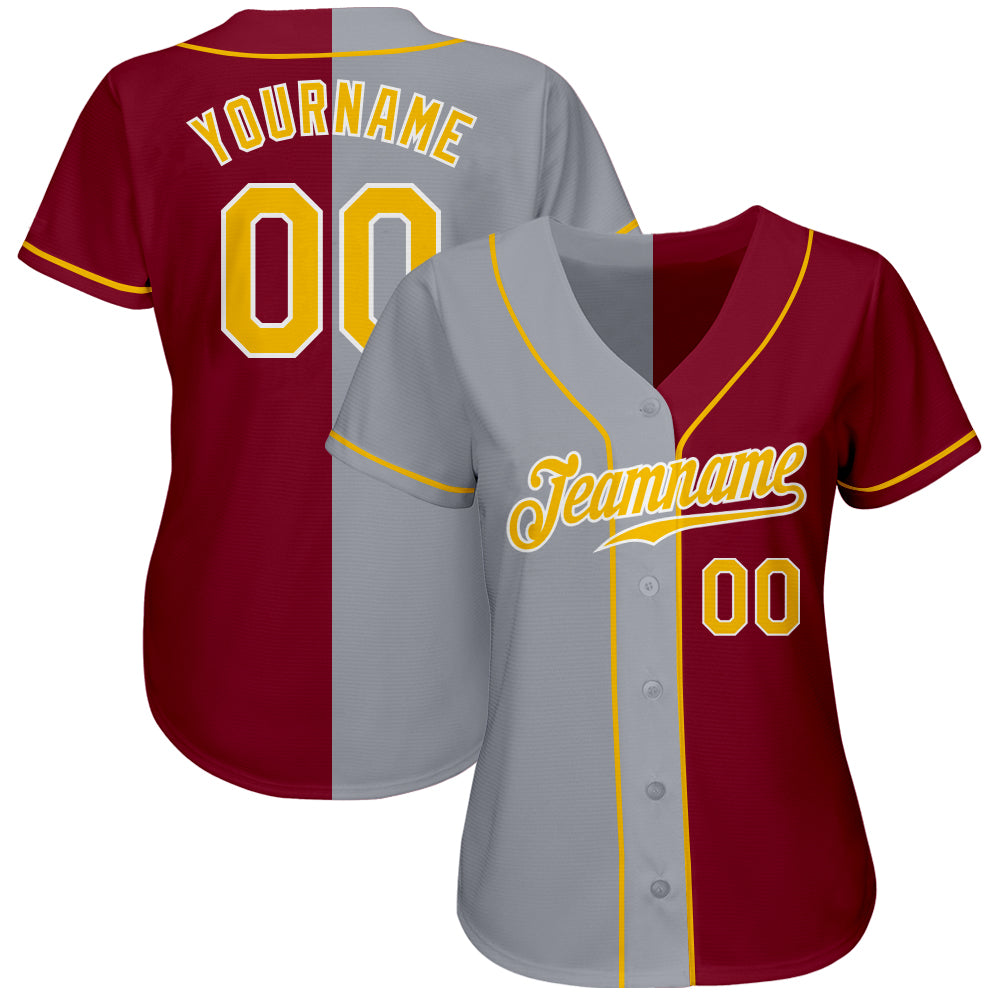 Custom Crimson Gold-Gray Authentic Split Fashion Baseball Jersey baseball jersey product view 2