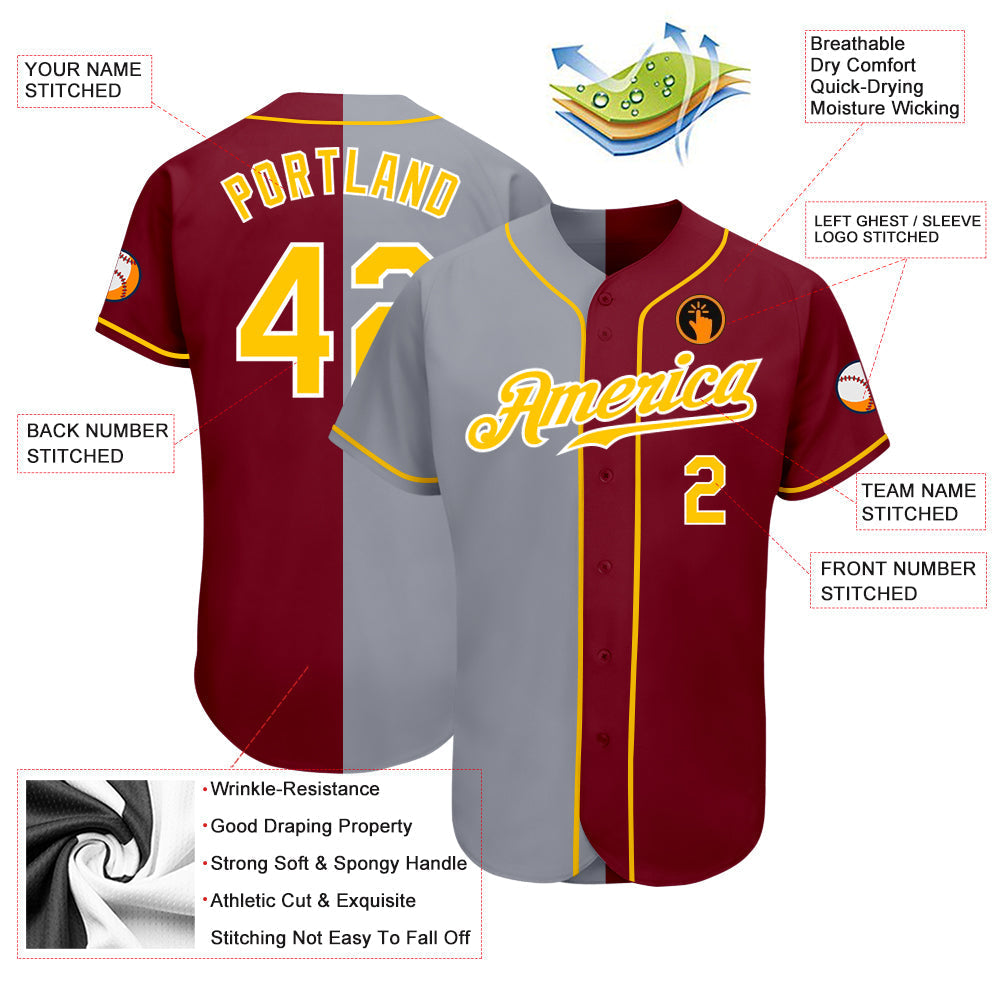 Custom Crimson Gold-Gray Authentic Split Fashion Baseball Jersey baseball jersey product view 3