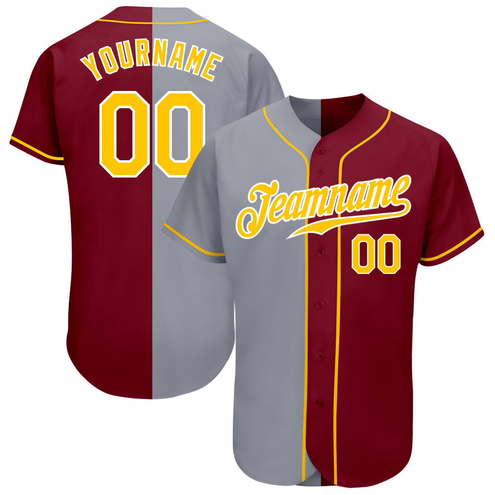 Custom Crimson Gold-Gray Authentic Split Fashion Baseball Jersey baseball jersey product view 1