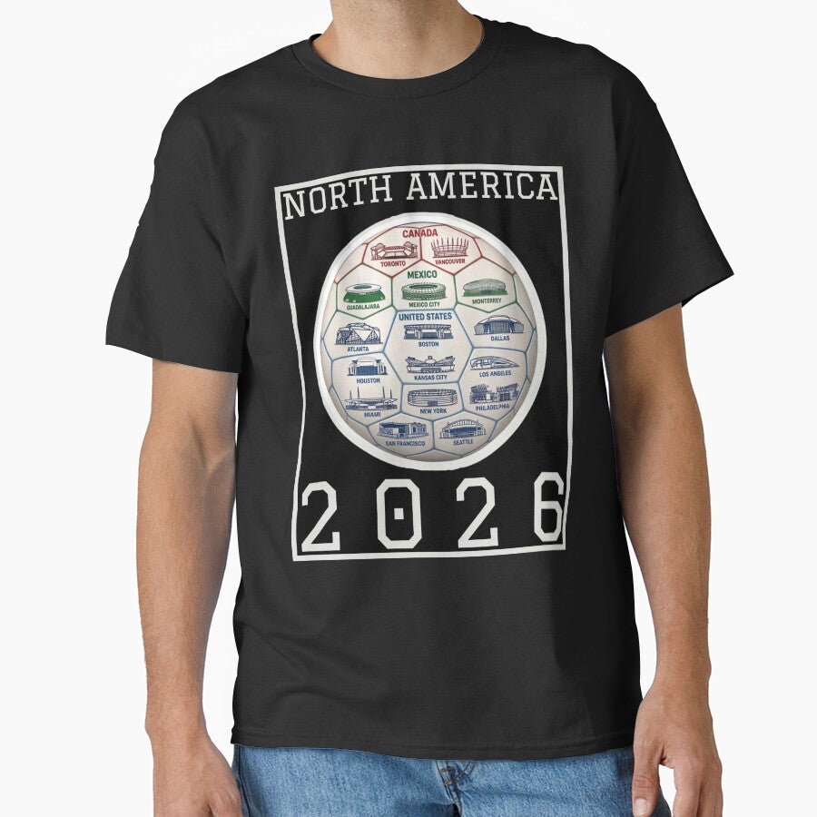 North America 2026 Soccer/Football Stadiums and Host Cities by SHELOPS Unisex T-shirt, Sweatshirt, Hoodie, Long Sleeve Tee - T-Shirt, Sweatshirt, Hoodie