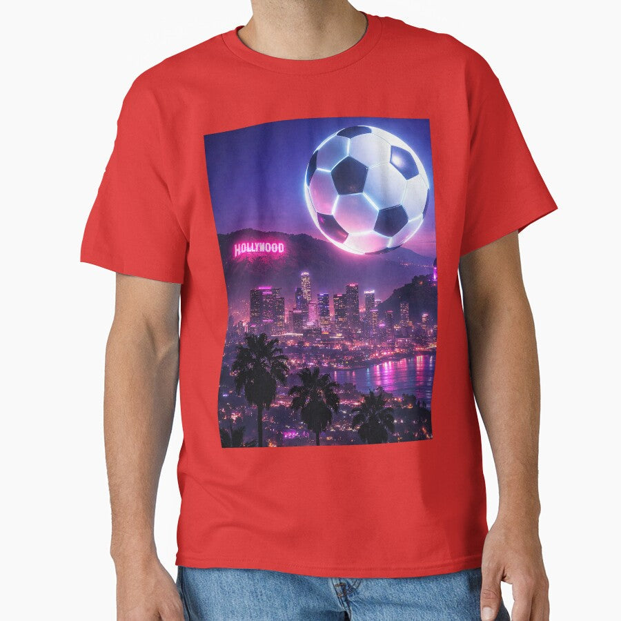 Futuristic Soccer Ball Over Los Angeles Cityscape Host of the World Cup by BrickByDream Unisex T-shirt, Sweatshirt, Hoodie, Long Sleeve Tee - T-Shirt, Sweatshirt, Hoodie
