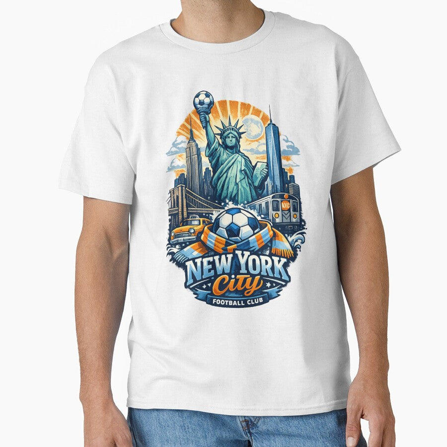 New York City Football Design Statue of Liberty Soccer Fan Art NYC Skyline Shirt USA Sports Graphic Tee Gift for Football Fans by GarnerSupplyCo - T-Shirt, Sweatshirt, Hoodie