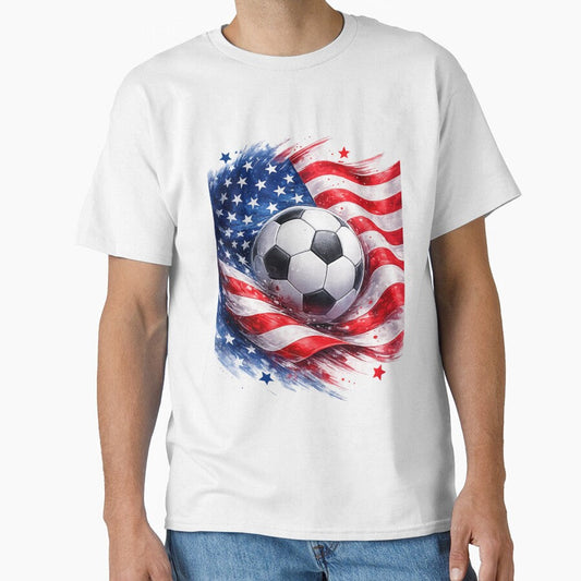 American Soccer Ball with USA Flag  Patriotic Sports Theme Graphic   Red White Blue Design by RolMerch - T-Shirt, Sweatshirt, Hoodie