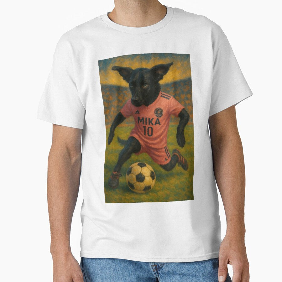 Black Dog Soccer Star in Pink Jersey  Mika #10 Oil Painting by Wag & Whimsy Unisex T-shirt, Sweatshirt, Hoodie, Long Sleeve Tee - T-Shirt, Sweatshirt, Hoodie
