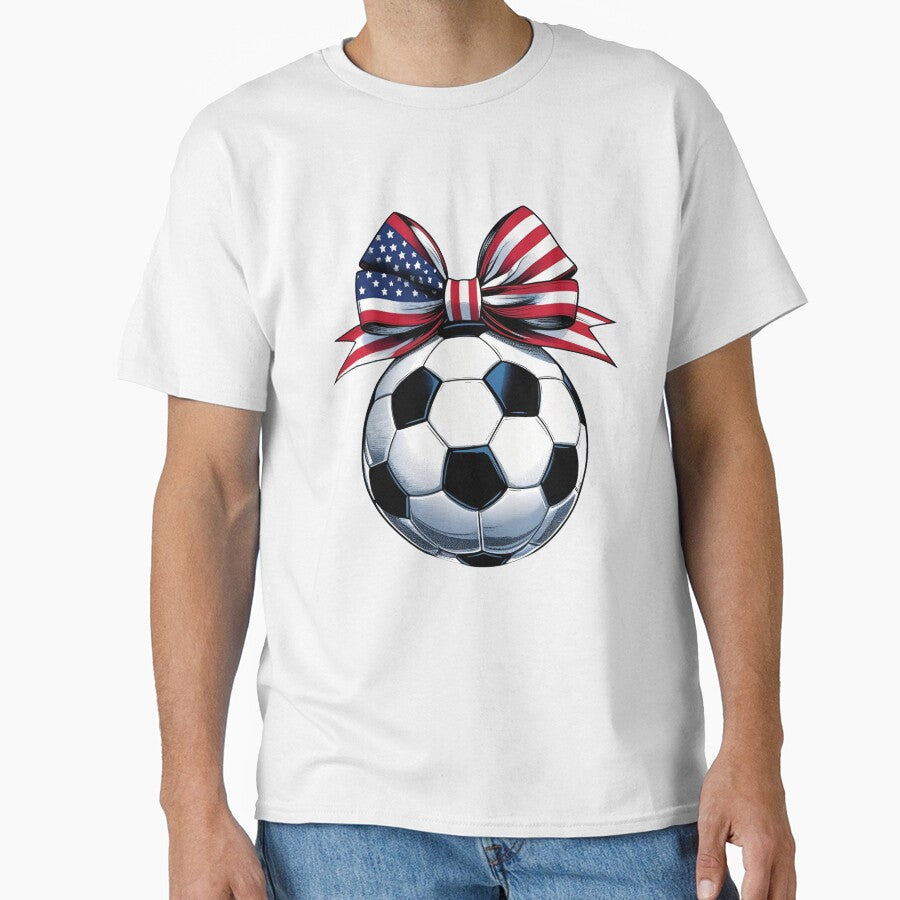 Patriotic Soccer Ball with American Flag Bow  USA Soccer Fan Coquette Bow by gillys Unisex T-shirt, Sweatshirt, Hoodie, Long Sleeve Tee - T-Shirt, Sweatshirt, Hoodie