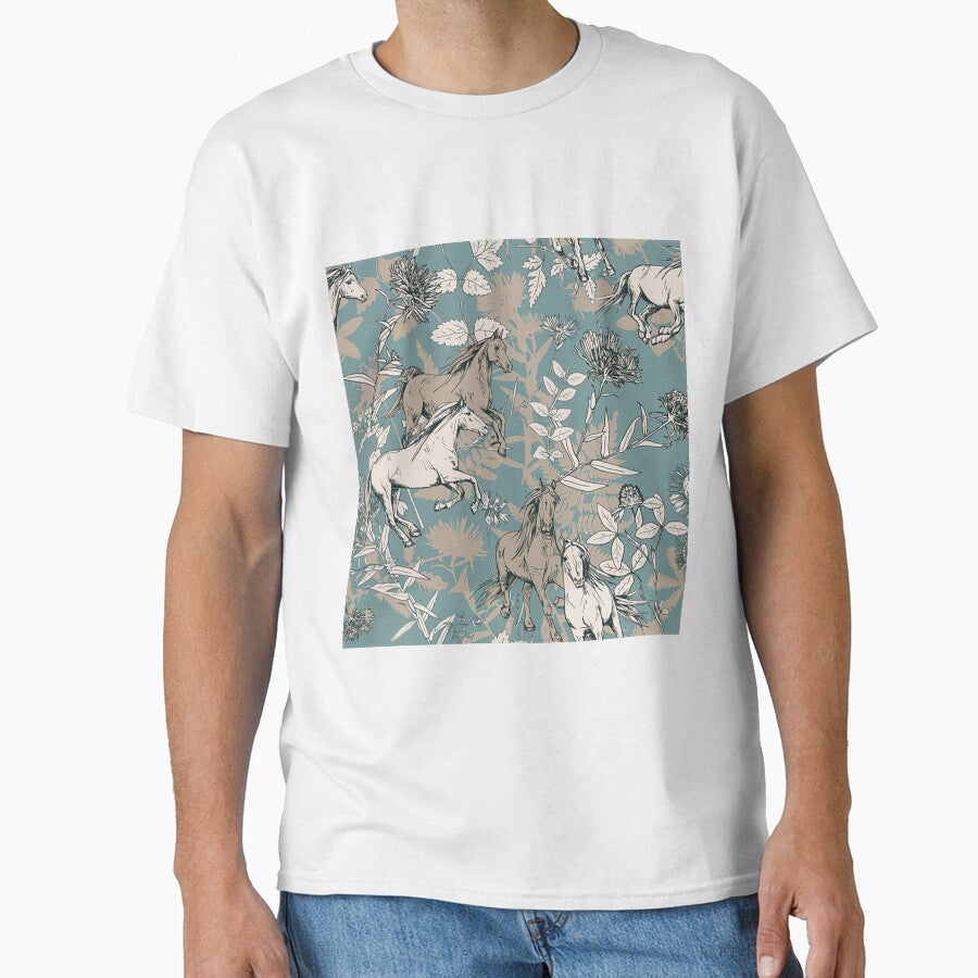 Floral Horse Sketch On Blue Pattern by CheekyChicChic - Adult & Kids T-Shirts, Sweatshirts & Hoodies apparel design preview 1