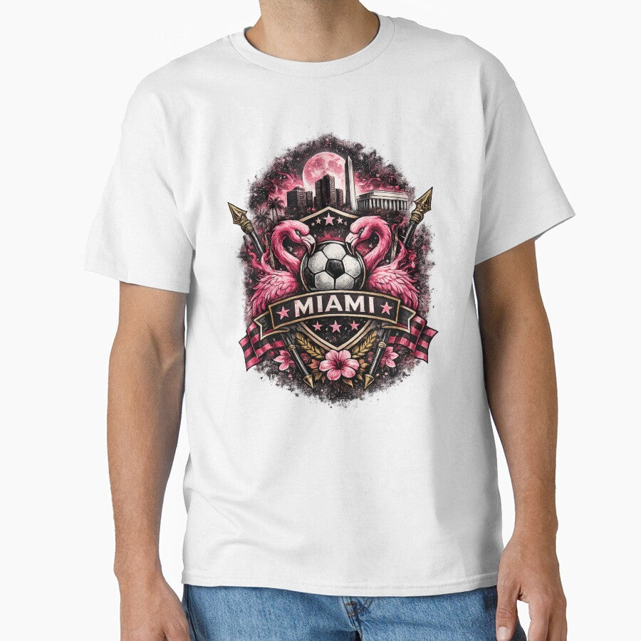Miami Football Crest Design  Flamingo Soccer Artwork, Pink City Skyline Graphic, Miami Fan Apparel, USA Sports Crest Design by GarnerSupplyCo - T-Shirt, Sweatshirt, Hoodie