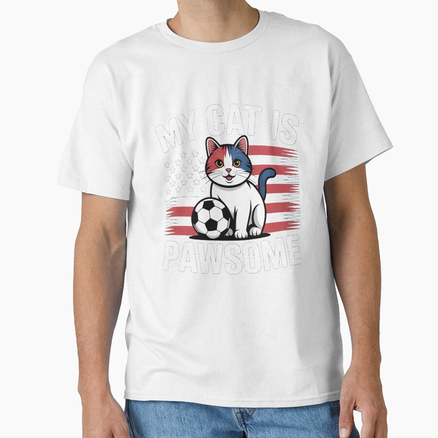 Cute Soccer Cat With Soccer Ball and Red and White Stripes by MimsTees Unisex T-shirt, Sweatshirt, Hoodie, Long Sleeve Tee - T-Shirt, Sweatshirt, Hoodie
