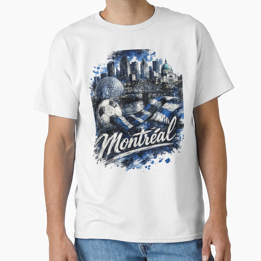 Montreal Soccer Skyline Design  Blue City Football Artwork, Montreal Fan Apparel, Urban Sports Graphic, Canada Soccer Design by GarnerSupplyCo - T-Shirt, Sweatshirt, Hoodie