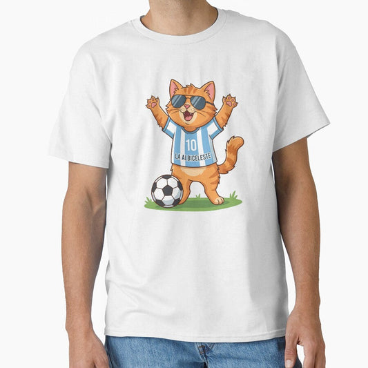 Argentina Soccer Cat Goal Celebration  Albiceleste Cartoon by David Mateo ArtWorks Unisex T-shirt, Sweatshirt, Hoodie, Long Sleeve Tee - T-Shirt, Sweatshirt, Hoodie
