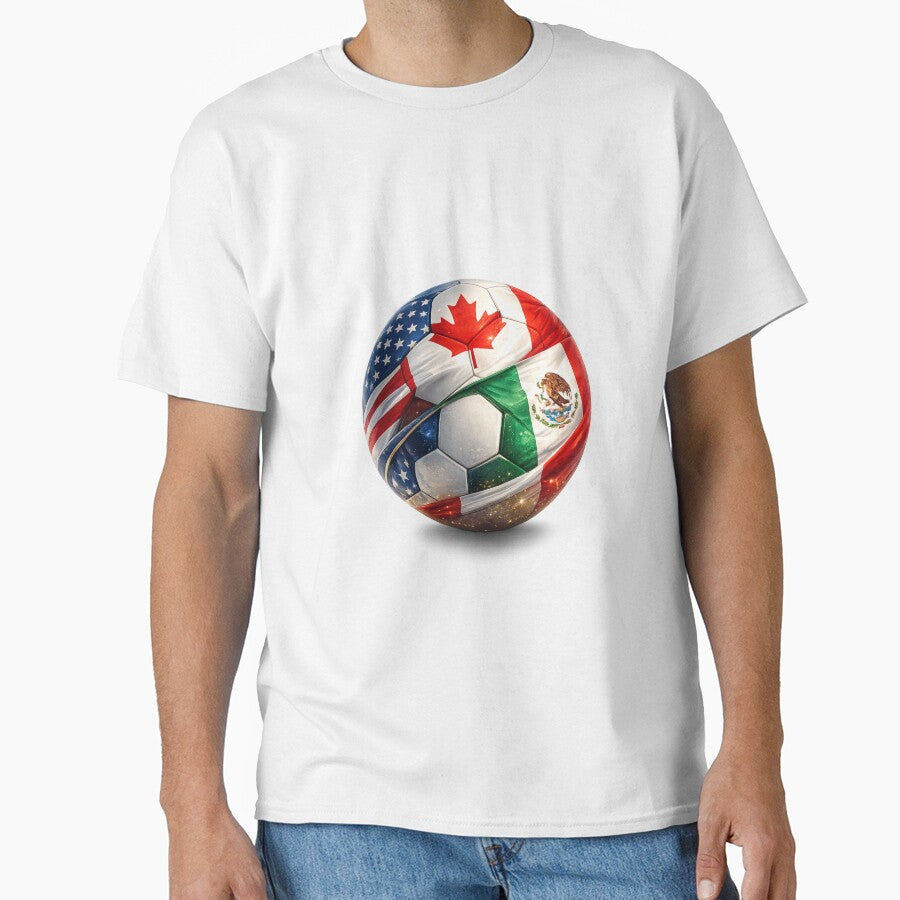 Soccer Ball with USA Canada Mexico Flags  2026 Fan Design by RolMerch Unisex T-shirt, Sweatshirt, Hoodie, Long Sleeve Tee - T-Shirt, Sweatshirt, Hoodie