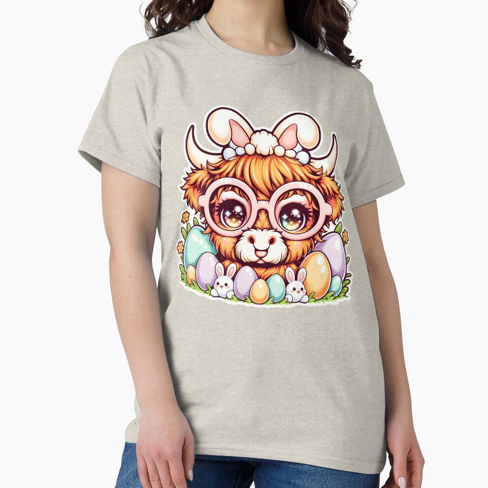 Cute Highland Cow Easter, Hello Spring, with Bunny - Adult & Kids T-Shirts, Sweatshirts & Hoodies apparel design preview 2