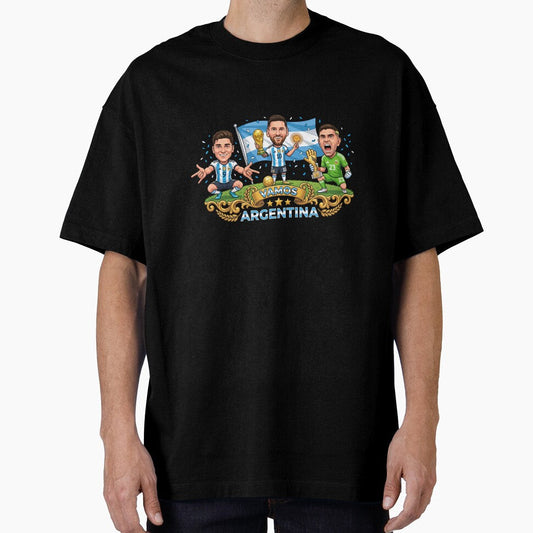 Argentina World Champions Messi Cartoon by Pulpa-grafica Unisex T-shirt, Sweatshirt, Hoodie, Long Sleeve Tee - T-Shirt, Sweatshirt, Hoodie