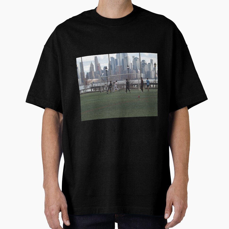 Playing Soccer (Football) Along the Hudson River, Manhattan Skyline, Hoboken, New Jersey by lenspiro - T-Shirt, Sweatshirt, Hoodie