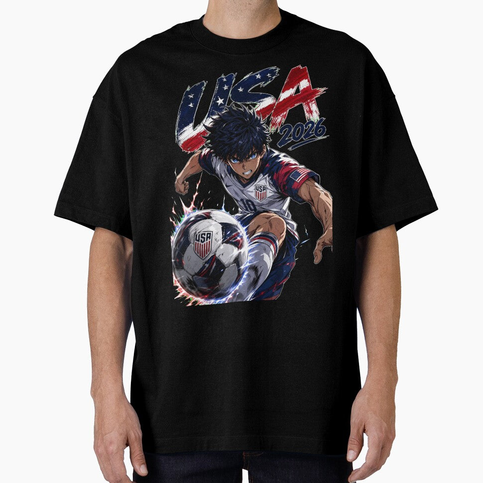 USA Soccer Striker: World Cup 2026 Anime by Senpai Syndicate Unisex T-shirt, Sweatshirt, Hoodie, Long Sleeve Tee - T-Shirt, Sweatshirt, Hoodie