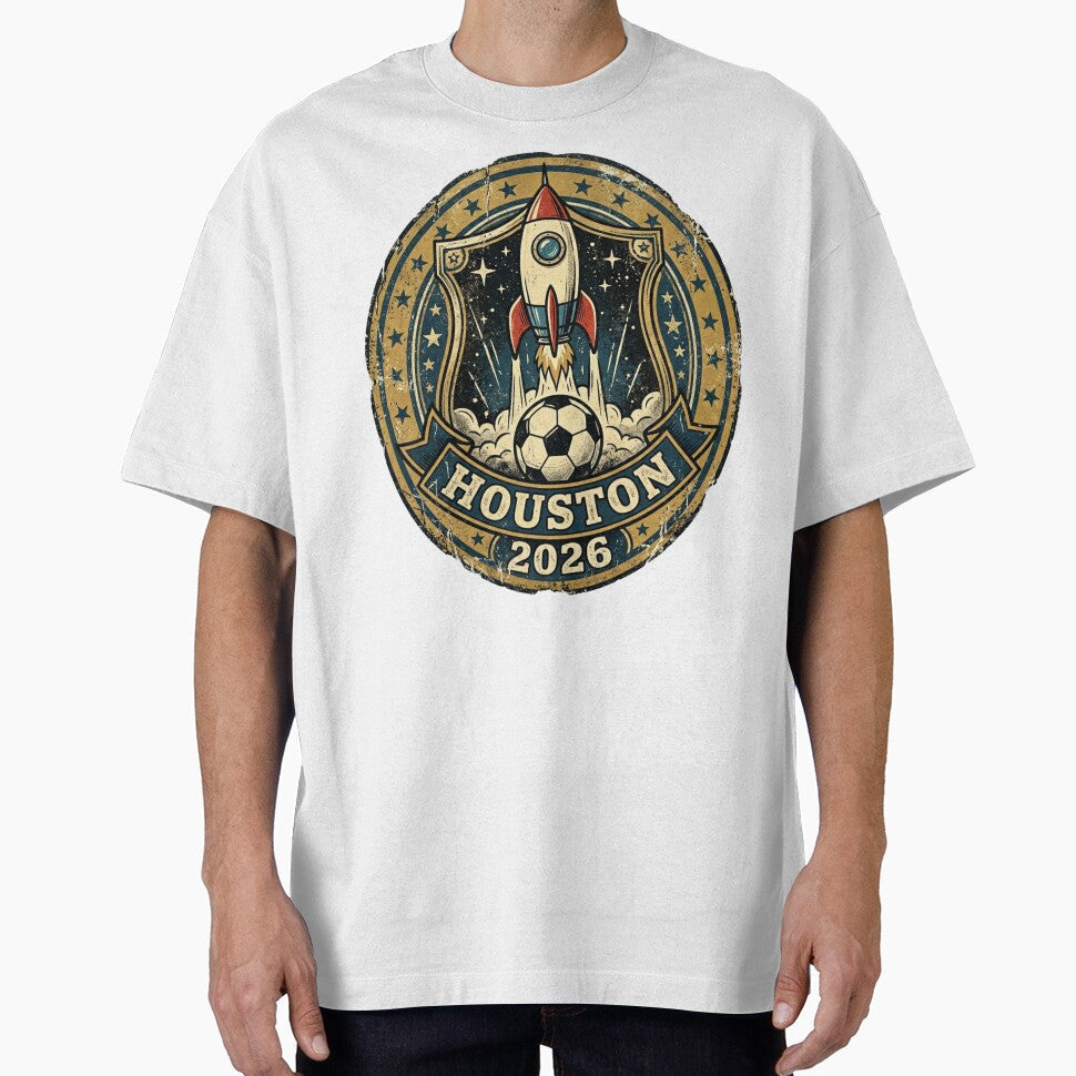 Houston 2026 World Cup Host City Vintage Football Badge  Rocket City Space Soccer Crest by BrickByDream - T-Shirt, Sweatshirt, Hoodie
